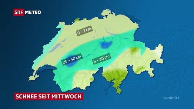 Eine Karte zeigt, dass an den Voralpen am meisten Schnee liegt. Eine Karte zeigt, dass an den Voralpen am meisten Schnee liegt.