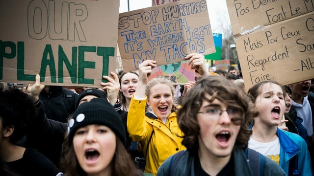 Jugendliche protestieren an einer Klimademo und halten Transparente für mehr Umweltschutz in die Höhe. Jugendliche protestieren an einer Klimademo und halten Transparente für mehr Umweltschutz in die Höhe.