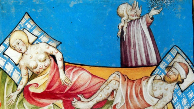 Zwei Menschen in einem Bett. Sie haben Pestbeulen. Nebenan steht ein Geistlicher. Er scheint zu beten. Zwei Menschen in einem Bett. Sie haben Pestbeulen. Nebenan steht ein Geistlicher. Er scheint zu beten.