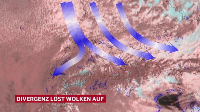 Schweizerkarte mit Wolken. Blaue Pfeile sind eingezeichnet. Sie gehen auseineander, dort, wo die Wolken sich aufgelöst haben. Das ist die Differgenz, die Wolken auflöst. Schweizerkarte mit Wolken. Blaue Pfeile sind eingezeichnet. Sie gehen auseineander, dort, wo die Wolken sich aufgelöst haben. Das ist die Differgenz, die Wolken auflöst.