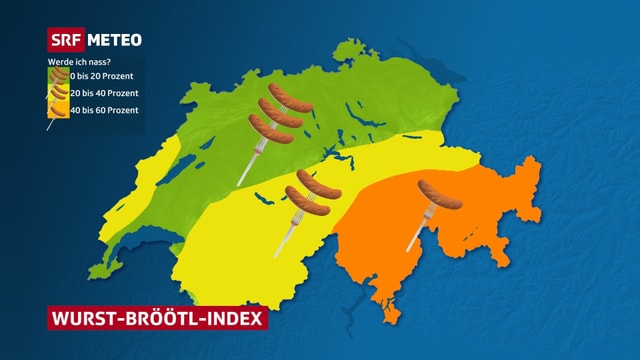 Ein Karte zeigt, wo die Wurst am ehesten trocken bleibt, nämlich im Flachland. Ein Karte zeigt, wo die Wurst am ehesten trocken bleibt, nämlich im Flachland.