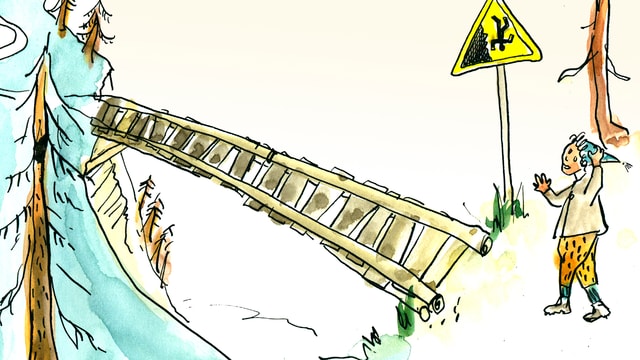 Schellen-Ursli steht vor einer gefährlichen Brücke. Schellen-Ursli steht vor einer gefährlichen Brücke.