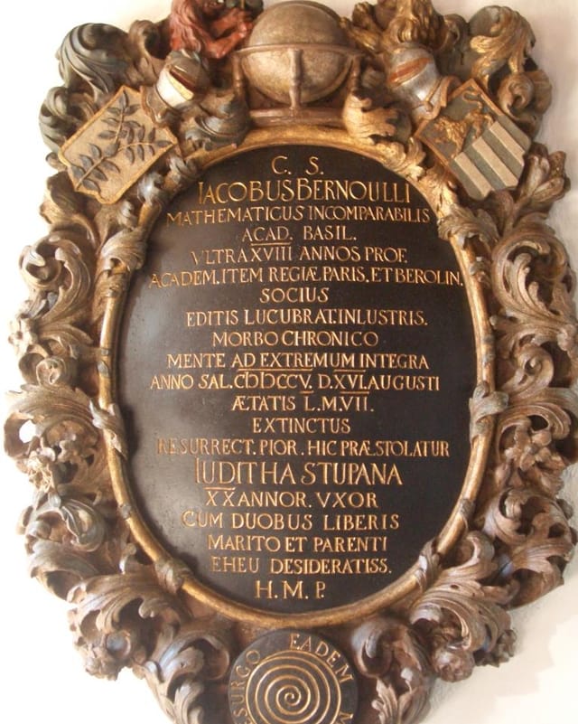 Der Grabstein von Jacob Bernoulli im Basler Münster zwischen dem Kleinen und dem Großen Kreuzgang. Der Grabstein von Jacob Bernoulli im Basler Münster zwischen dem Kleinen und dem Großen Kreuzgang.