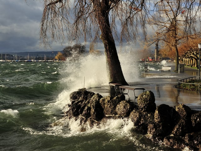 Hohe Wellen schlagen ans Seeufer bei Zug.
