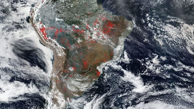 Rote Punkte signalisieren Brandherde auf einem Satellitenbild Südamerikas. Rote Punkte signalisieren Brandherde auf einem Satellitenbild Südamerikas.