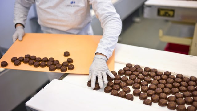 Mitarbeiterin sortiert frisch produzierte Pralinen. Mitarbeiterin sortiert frisch produzierte Pralinen.