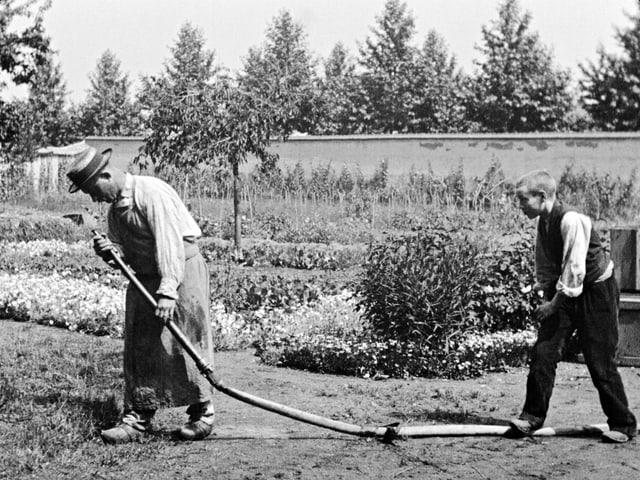 Zwei Männer im Garten, einer steht auf einem Gartenschlauch. Zwei Männer im Garten, einer steht auf einem Gartenschlauch.