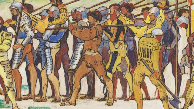 Auf einer farbigen Skizze sind Soldaten mit Lanzen und Rüstungen zu sehen, die alle in dieselbe Richtung marschieren. 