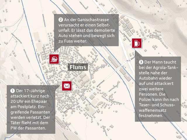 Karte von Flums mit den Einsatzorten. Karte von Flums mit den Einsatzorten.