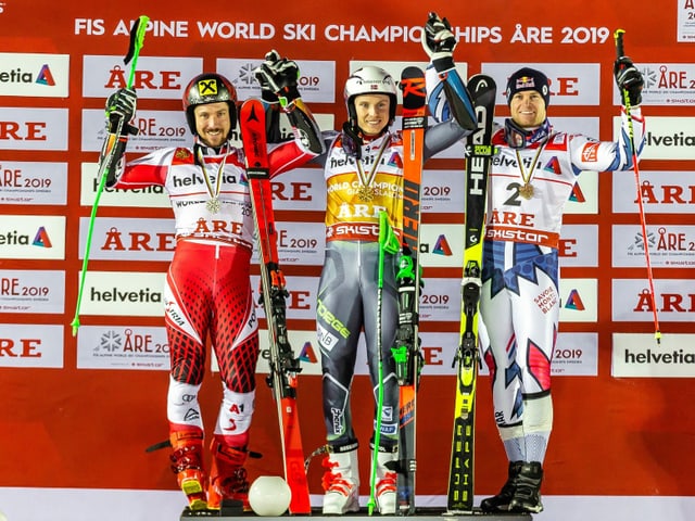 Marcel Hirscher, Henrik Kristoffersen und Alexis Pinturault (v.l.). Marcel Hirscher, Henrik Kristoffersen und Alexis Pinturault (v.l.).