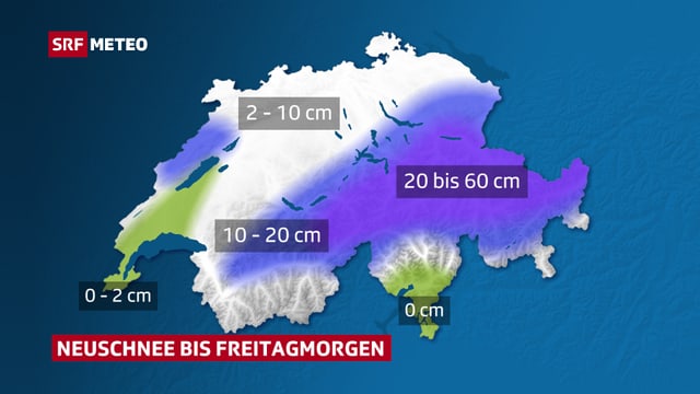 Karte der Schweiz mit den erwarteten Neuschneemengen. Am meisten gibt es in den zentralen  und östlichen Alpen.
