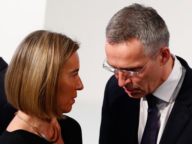 Federica Mogherini und Jens Stoltenberg (Archivbild vom 18. Februar anlässich der Münchner Sicherheitskonferenz). Federica Mogherini und Jens Stoltenberg (Archivbild vom 18. Februar anlässich der Münchner Sicherheitskonferenz).