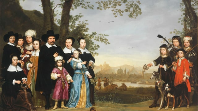 ein Gemälde einer calvinistisch angezogenen Familie und Männern mit Turban ein Gemälde einer calvinistisch angezogenen Familie und Männern mit Turban