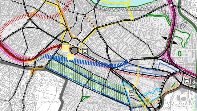 Blick auf den Richtplan des Kantons Baselstadt. Blick auf den Richtplan des Kantons Baselstadt.