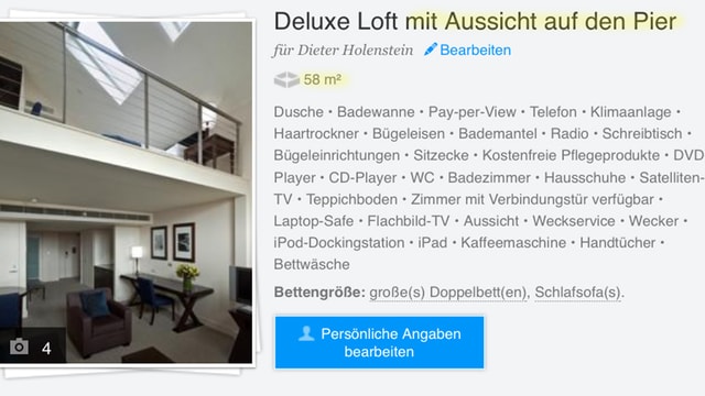 Bestätigung mit den Vermerken «Aussicht auf den Pier» und «58 Quadratmeter». Bestätigung mit den Vermerken «Aussicht auf den Pier» und «58 Quadratmeter».