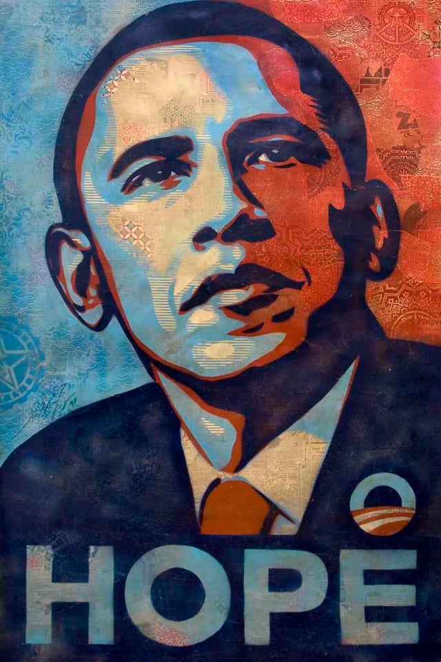 Bild von Barack Obama in Rot- und Blautönen. Darunter in Grossbuchstaben das Wort "HOPE". Bild von Barack Obama in Rot- und Blautönen. Darunter in Grossbuchstaben das Wort "HOPE".