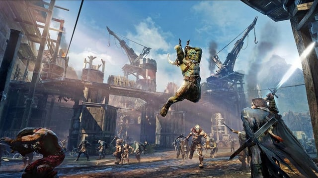 Ein Ork mit zwei Sicheln springt auf Talion zu. Ein Ork mit zwei Sicheln springt auf Talion zu.