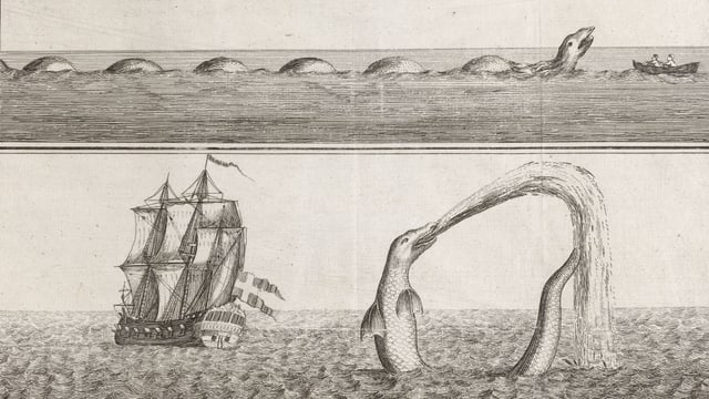 Ein alter Druck zeigt eine riesige Schlange, die ein Ruderboot und ein grosses Schiff angreift. Ein alter Druck zeigt eine riesige Schlange, die ein Ruderboot und ein grosses Schiff angreift.