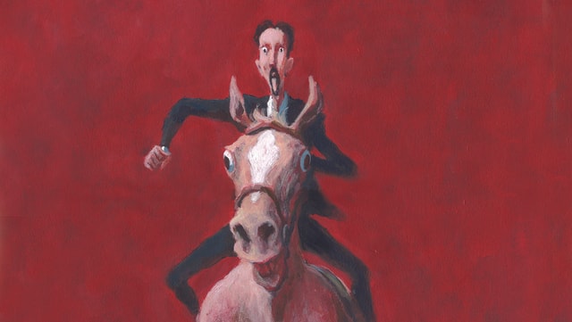 Comic: Ein Mann auf einem gallopierenden Pferd vor rotem Hintergrund. Comic: Ein Mann auf einem gallopierenden Pferd vor rotem Hintergrund.
