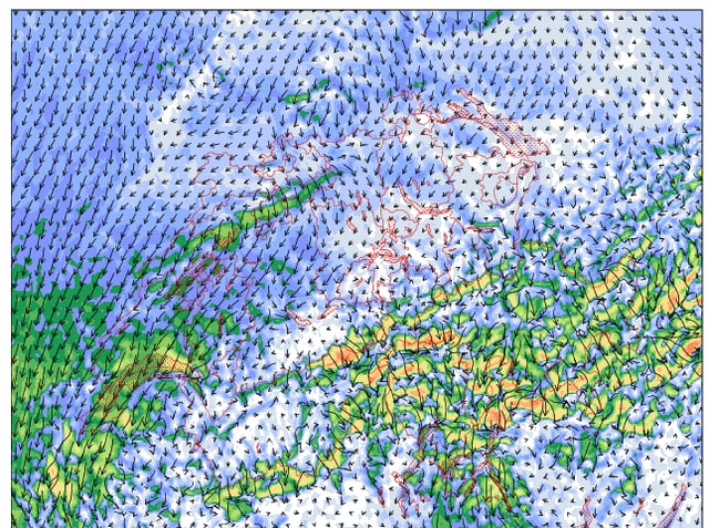 Bild eines Wettermodelles, das für Mittwochabend Nordföhn zeigt Bild eines Wettermodelles, das für Mittwochabend Nordföhn zeigt