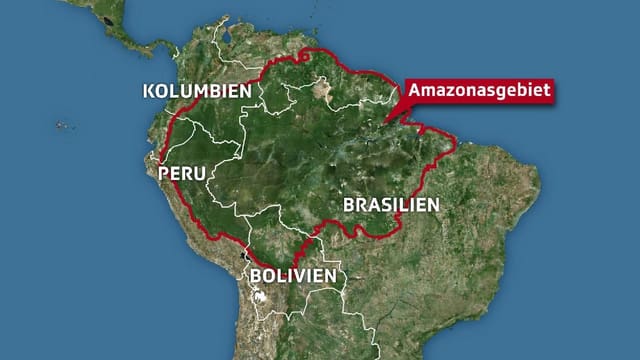 Karte von Südamerika mit dem eingezeichneten Amazonas-Gebiet. Karte von Südamerika mit dem eingezeichneten Amazonas-Gebiet.