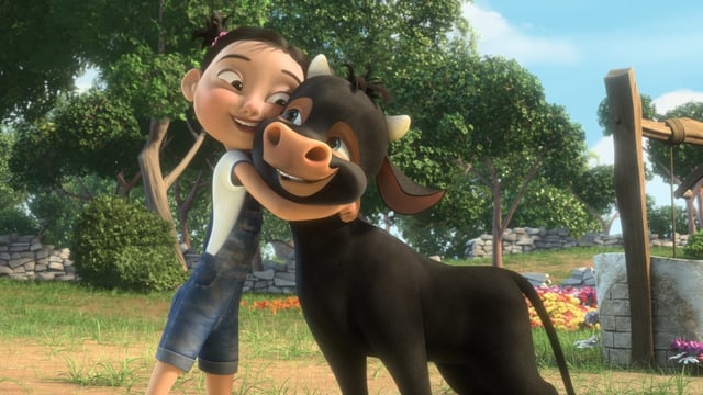 Das kleine Mädchen Nina umarmt das Kalb Ferdinand. Das kleine Mädchen Nina umarmt das Kalb Ferdinand.
