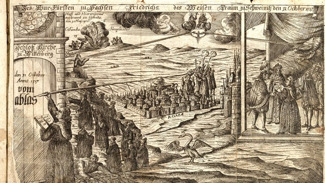 Darstellung einer Stadt in Hintergrund, vorne ein Mann der mit einer riesigen Feder auf eine Türe schreibt. Darstellung einer Stadt in Hintergrund, vorne ein Mann der mit einer riesigen Feder auf eine Türe schreibt.