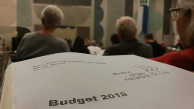 Blatt mit der Aufschrift Budget. Im Hintergrund das Parlament von Olten. Blatt mit der Aufschrift Budget. Im Hintergrund das Parlament von Olten.
