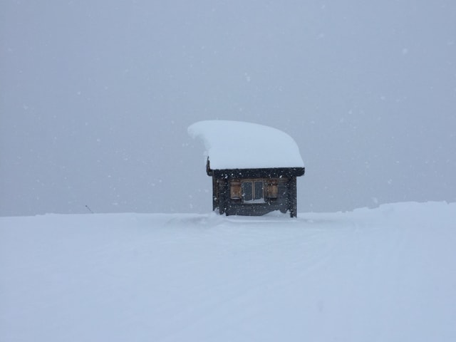 Holzhütte in Mitten von viel Neuschnee. Es schneit weiter und alles ist weiss. Auf dem Dach 1 m Neuschnee.