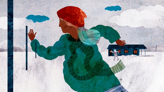 Illustration: Eine schwangere Frau rennt durch den Schnee. Illustration: Eine schwangere Frau rennt durch den Schnee.