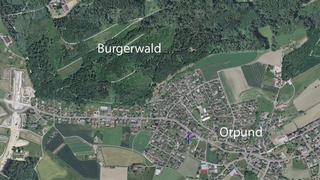Luftaufnahme von Orpund bei Biel mit dem Burgerwald. Luftaufnahme von Orpund bei Biel mit dem Burgerwald.