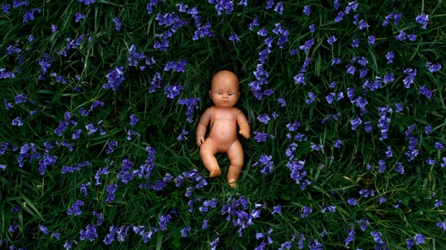 Eine Puppe liegt in einem Feld mit Blumen.