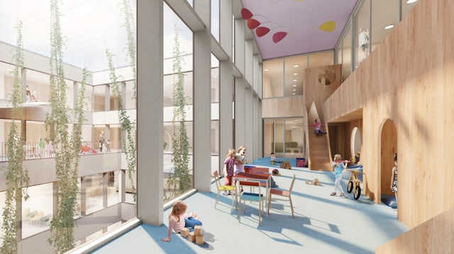 Kinder spielen im Aufenthalts- und Spielraum im Kinderspital - Visualisierung. Kinder spielen im Aufenthalts- und Spielraum im Kinderspital - Visualisierung.