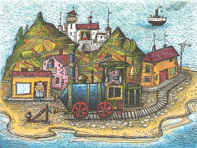 eine bunte Zeichnung einer Insel und ein Mann mit einer Lokomotive im Vordergrund eine bunte Zeichnung einer Insel und ein Mann mit einer Lokomotive im Vordergrund