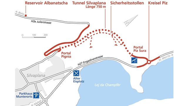 Karte zeigt neue Strassenführung von St.Moritz auf den Julierpass. Karte zeigt neue Strassenführung von St.Moritz auf den Julierpass.