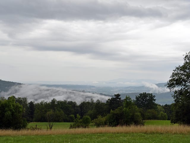 Regenwolken hängen über der Landschaft.