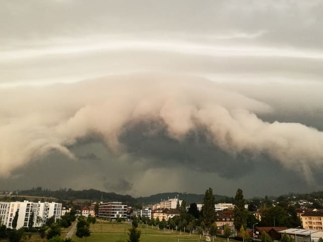 Grauer, bewölkter Himmel. Eine Woken hat die Form einer Muschel im Vordergrund.