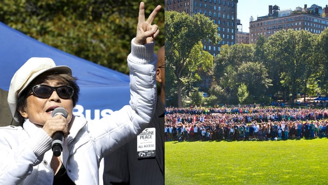 Bildmontage: links Yoko Ono mit Peacezeichen, rechts Wise mit Menschen, die ein Peace-Zeichen formieren. Bildmontage: links Yoko Ono mit Peacezeichen, rechts Wise mit Menschen, die ein Peace-Zeichen formieren.