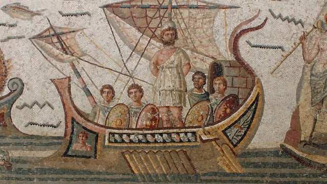 Mosaik von Männern auf einem Schiff Mosaik von Männern auf einem Schiff