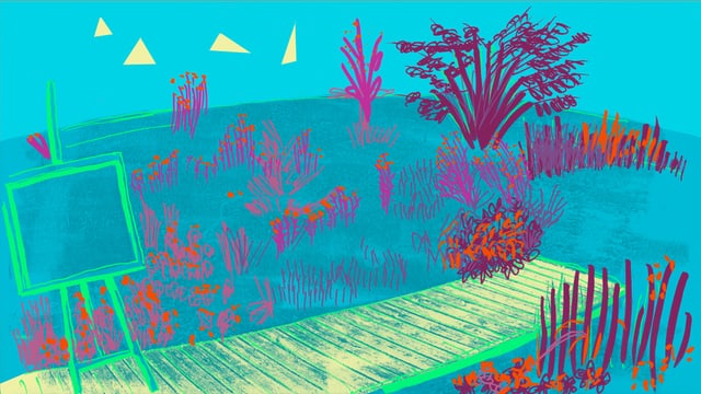Illustration eines Gartens mit Steg und Staffelei. Illustration eines Gartens mit Steg und Staffelei.