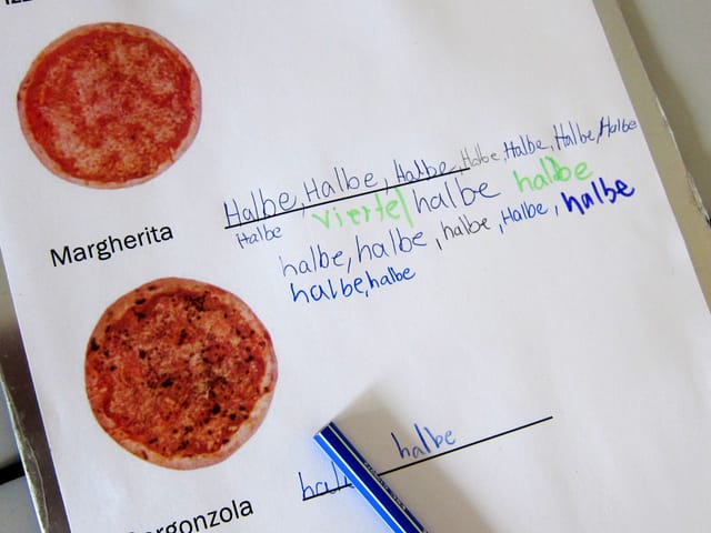 Ein Notizblock auf dem zwei Pizzas zu sehen sind.