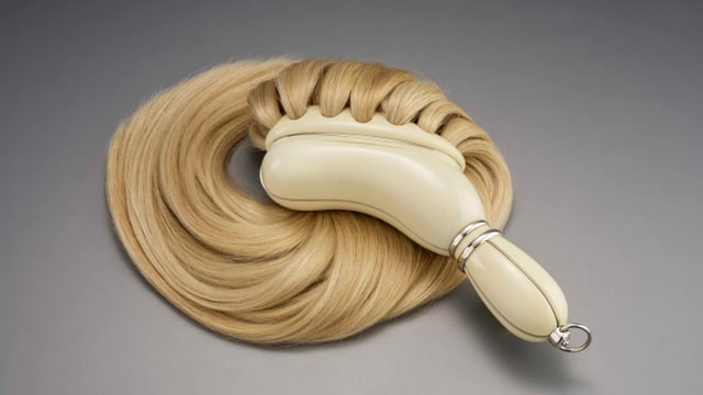 Eine Haarbürste, aus der lange blonde Haare kommen. Eine Haarbürste, aus der lange blonde Haare kommen.