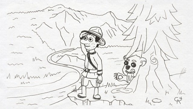 Caricatura cun in survegliader ed in urs Caricatura cun in survegliader ed in urs