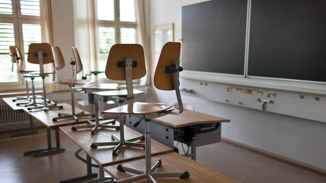 Klassenzimmer mit Stühlen auf den Tischen und einer Wandtafel im Hintergrund. Klassenzimmer mit Stühlen auf den Tischen und einer Wandtafel im Hintergrund.