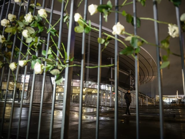 Blumen am Zaun vor dem Stadion. Blumen am Zaun vor dem Stadion.