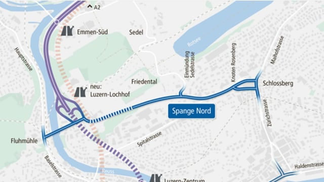 Kartenausschnitt, der die Lage des ursprünglich geplanten Strassenbauprojekts Spange Nord zeigt. Kartenausschnitt, der die Lage des ursprünglich geplanten Strassenbauprojekts Spange Nord zeigt.
