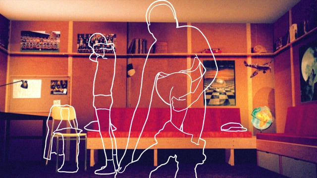 Zwei Personen, nur als Umrisse angedeutet, entkleiden sich in einem Zimmer. Zwei Personen, nur als Umrisse angedeutet, entkleiden sich in einem Zimmer.