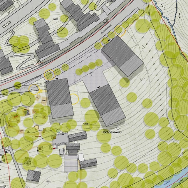Ein Plan, der ein Bauprojekt auf der Hochhüsliweid in der Stadt Luzern zeigt. Ein Plan, der ein Bauprojekt auf der Hochhüsliweid in der Stadt Luzern zeigt.