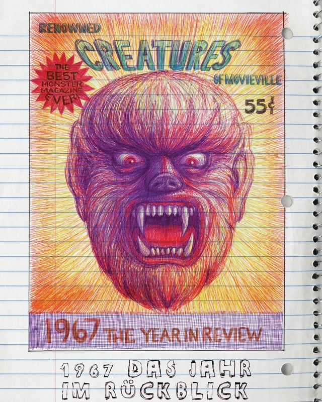 Ein rot-violettes Monster-Gesicht auf einer Seite eines Ringelhefts gezeichnet. Ein rot-violettes Monster-Gesicht auf einer Seite eines Ringelhefts gezeichnet.