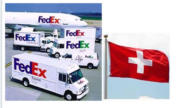 Fedex-Fahrzeugpark und Schweizerfahne. Fedex-Fahrzeugpark und Schweizerfahne.